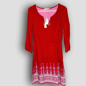 Pink rose Red Long Sleeve V Neck With Tassels Boho Midi Dress size large